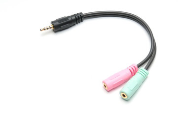 Audio video adapter cable with trrs jack to trs connectors on a white background