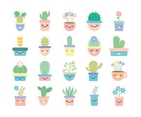 Isolated kawaii plants inside pots flat style icon set vector design