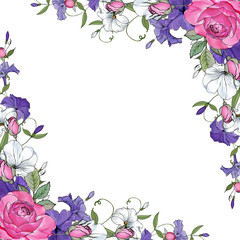 Beautiful floral frame with pink roses, white, violet flowers petunia and green leaves on white background. Hand drawn. For wedding invitations, greeting cards. Copy space. Vector stock illustration.