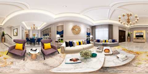 3d render modern living and dining room, 360 degrees view.