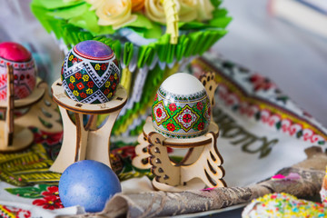 Ukrainian handmade painted Easter eggs. Pysanka - traditional cultural egg painting, ethnic pattern