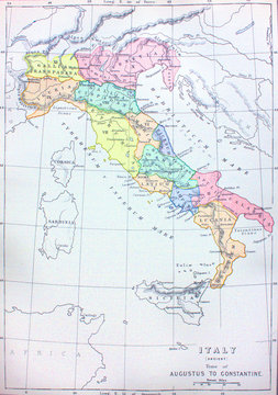 Map of ancient Italy time from Augustus to Constantine in the old book The Encyclopaedia Britannica, vol. 8, by C. Blake, 1880, Edinburgh