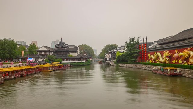 day time nanjing city famous touristic old town river ferry traffic dock timelapse panorama 4k china