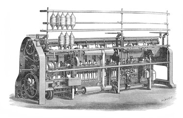 Illustration of roving frame in the old book The Encyclopaedia Britannica, vol. 6, by C. Blake, 1877, Edinburgh