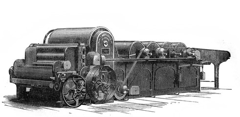 Illustration of three cylinder opener, Beater and Lap machine in the old book The Encyclopaedia Britannica, vol. 6, by C. Blake, 1877, Edinburgh
