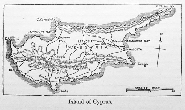 Map of island of Cyprus in the old book The Encyclopaedia Britannica, vol. 6, by C. Blake, 1877, Edinburgh