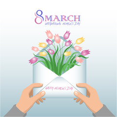  Flat vector design. Envelope in men's hands, in an open envelope spring flowers - tulips. Congratulations for women, mothers, girls on International Women's Day on March 8.