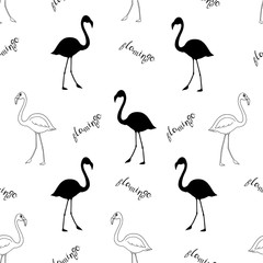 Seamless pattern with flamingos and handwritten text on white background.  Good for fabric print, wrapping, wallpapers, etc. Hand-drawn vector illustration.
