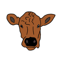 Head of a brown cow animal, isolated hand drawn cartoon comic doodle illustration on white background. Childish style.