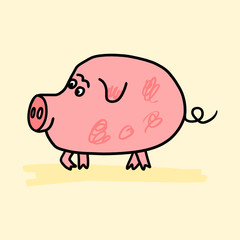 Beautiful cartoon little pink pig. Childish doodle illustration.