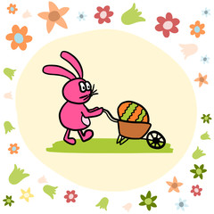 Easter rabbit and a wheelbarrow with an Easter egg. Funny comic childish doodle Easter card illustration.