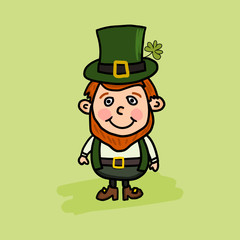Cartoon Irish leprechaun character celebrating st. Patrick's day. Cute doodle hand drawn illustration isolated on green background.