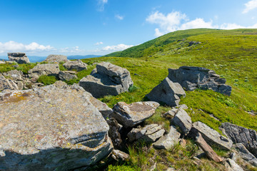 rocks on the alpine hillside meadow. beautiful summer nature scenery. green grass on the hills and...