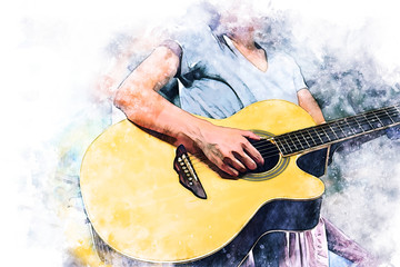 Close up abstract beautiful woman playing acoustic guitar on walking street on watercolor illustration painting background.