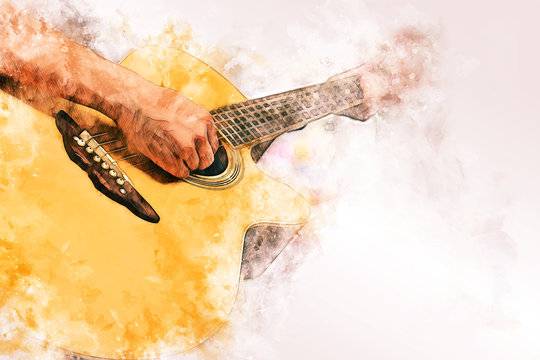 Close up abstract beautiful woman playing acoustic guitar on walking street on watercolor illustration painting background.