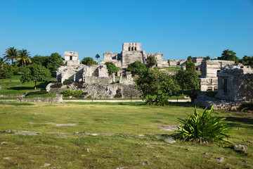 Fototapeta na wymiar El Castillo at Maya ruins with tropical plants with blue sky, Tulum, Mexico
