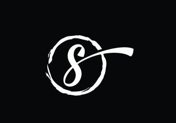 Script letter S in a brush circle on black background, Monogram Calligraphy hand drawn alphabet initials and brush circle.