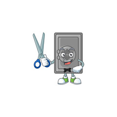 Happy smiling barber security box closed mascot design style