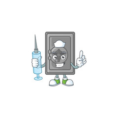 Smiley Nurse security box closed cartoon character with a syringe