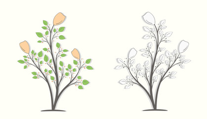 Three flowers on branches with green leaves and berries in two versions in vintage style isolated on a light background