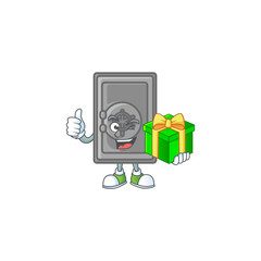 Cute security box closed character holding a gift box