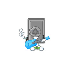 A cartoon character of security box closed playing a guitar
