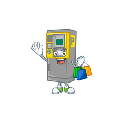 A rich parking ticket machine cartoon design waving and holding Shopping bag