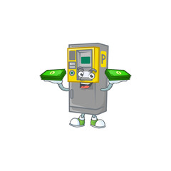 rich and famous parking ticket machine cartoon character with money on hands