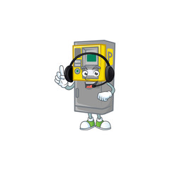 Sweet parking ticket machine cartoon character design speaking on a headphone