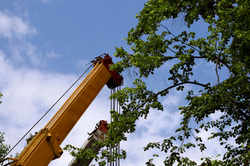 Fragment of a crane while working in a city park. Background of heavy construction equipment....