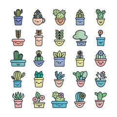 Isolated kawaii plants inside pots flat fill style icon set vector design