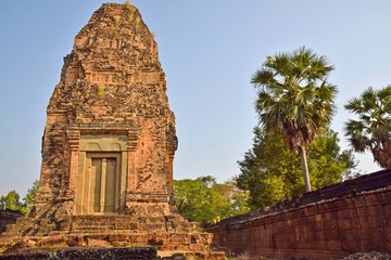 angkor wat temple ruins tower with blue sky and palm tree, cambodia