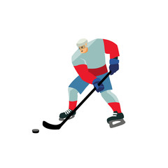 Fototapeta premium Young man preparing to hit the puck with a stick. Isolated cartoon character.