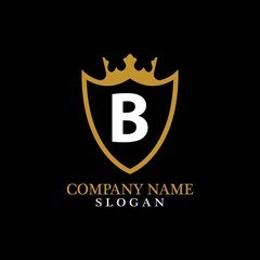Illustration of Shield Shape with letter B in the middle and Luxury Crown. Logo Icon Template for Web and Business Card, Letter Logo Template on Black Background