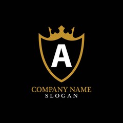 Illustration of Shield Shape with letter A in the middle and Luxury Crown. Logo Icon Template for Web and Business Card, Letter Logo Template on Black Background