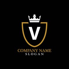 Illustration of Shield Shape with letter V in the middle and Luxury Crown. Logo Icon Template for Web and Business Card, Letter Logo Template on Black Background