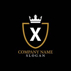 Illustration of Shield Shape with letter X in the middle and Luxury Crown. Logo Icon Template for Web and Business Card, Letter Logo Template on Black Background
