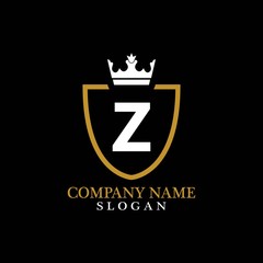 Illustration of Shield Shape with letter Z in the middle and Luxury Crown. Logo Icon Template for Web and Business Card, Letter Logo Template on Black Background
