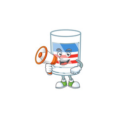 A chilly cartoon character of USA stripes glass with a megaphone