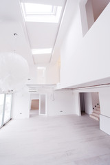 Interior of empty stylish modern open space two level apartment