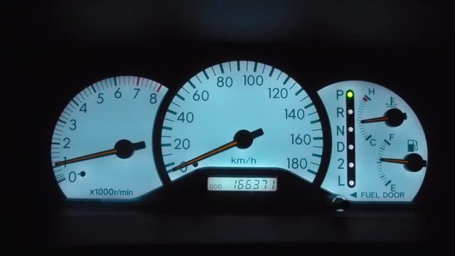 Car dashboard with speedometer, tachometer and indicators of oil and fuel level.
