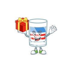cartoon character of USA stripes glass with a box of gift