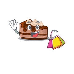 A friendly rich chocolate cheesecake waving and holding Shopping bag