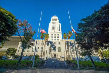 Historic Los Angeles City Hall with blue sky