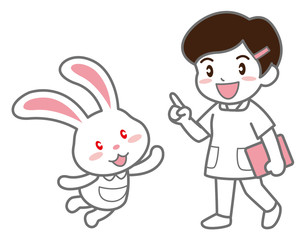 Bunny and woman characters against white background