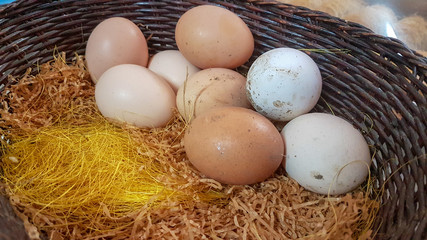 eggs dirty many in a basket in a market of a greek village