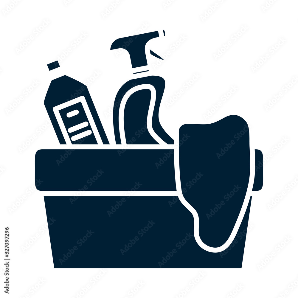 Aufkleber detergents bottles and rag inside bucket silhouette style icon vector design