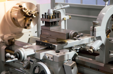 Close up of lathe machine in industrial workshop