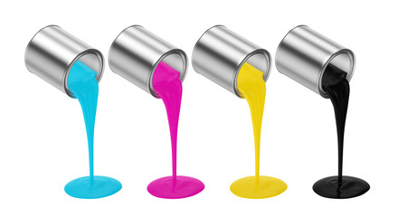 Paint cans realistic. CMYK color concept. Metal tin containers pouring cyan color, magenta color, yellow color, and black color isolated on white background, 3d rendering