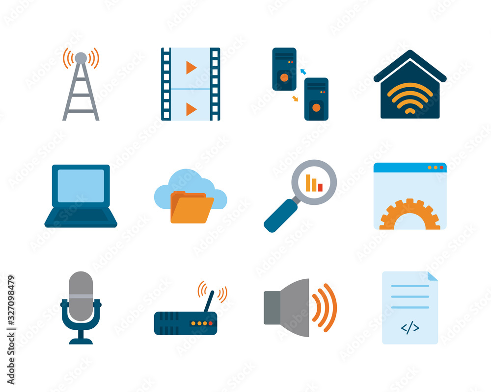 Poster technology and internet flat style icon set vector design